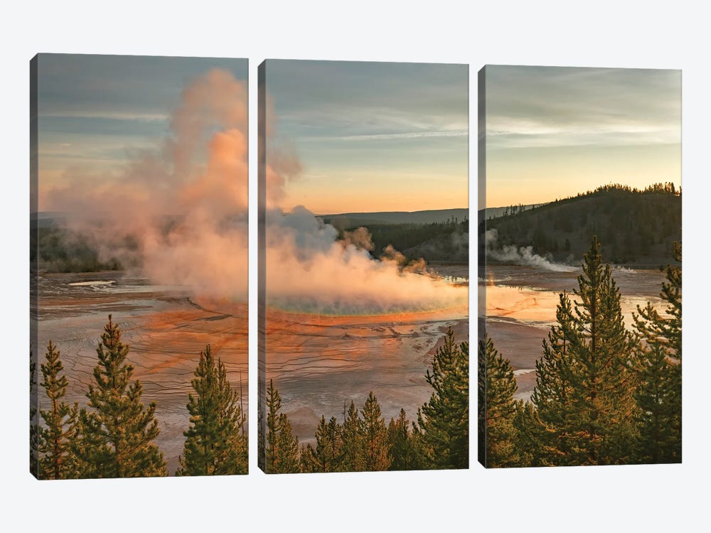 Elevated Sunrise View Of Grand Prismatic Spring And Colorful Bacterial Mat, Yellowstone National Park, Wyoming by Adam Jones 3-piece Canvas Print