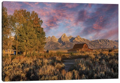 Moulton Barn At Sunrise And Teton Range, Grand Teton National Park, Wyoming Canvas Art Print - Grand Teton National Park Art