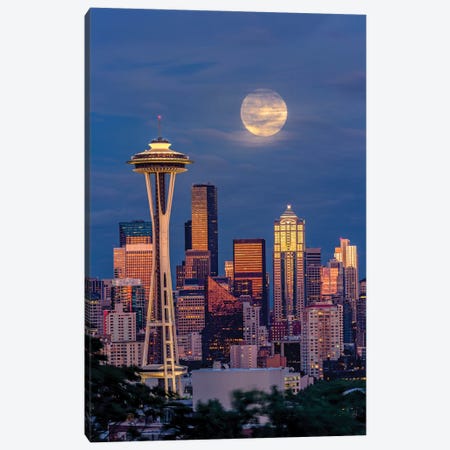 Seattle Skyline And Super Moon At Dusk, Seattle, Washington State Canvas Print #AJO183} by Adam Jones Canvas Wall Art