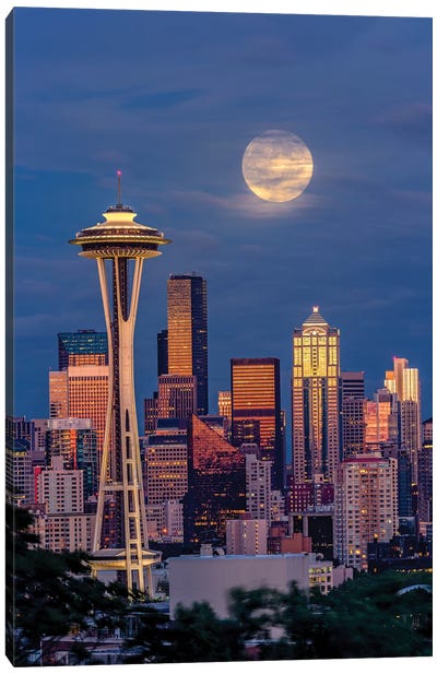 Seattle Skyline And Super Moon At Dusk, Seattle, Washington State Canvas Art Print - Seattle Skylines