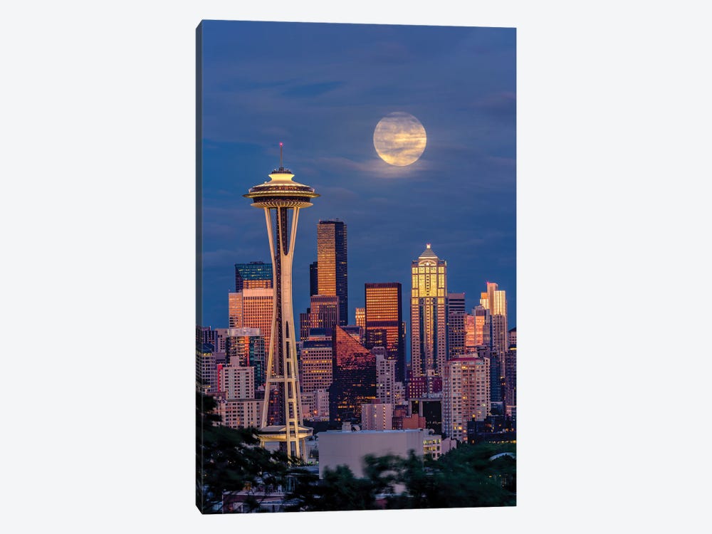 Seattle Skyline And Super Moon At Dusk, Seattle, Washington State by Adam Jones 1-piece Canvas Artwork
