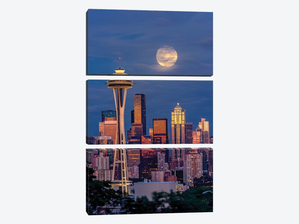 Seattle Skyline And Super Moon At Dusk, Seattle, Washington State by Adam Jones 3-piece Canvas Artwork