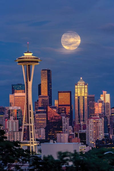 Seattle Skylines: Seattle Skyline And Super Moon At Dusk, Seattle, Washington State by Adam Jones