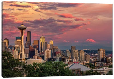 Seattle, Washington State Skyline And Distant Mt. Rainier. Canvas Art Print - Adam Jones
