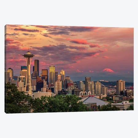 Seattle, Washington State Skyline And Distant Mt. Rainier. Canvas Print #AJO184} by Adam Jones Art Print