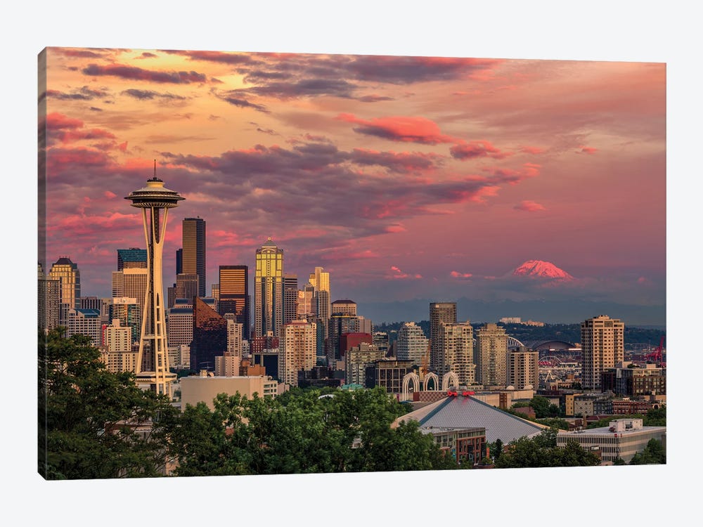 Seattle, Washington State Skyline And Distant Mt. Rainier. by Adam Jones 1-piece Art Print