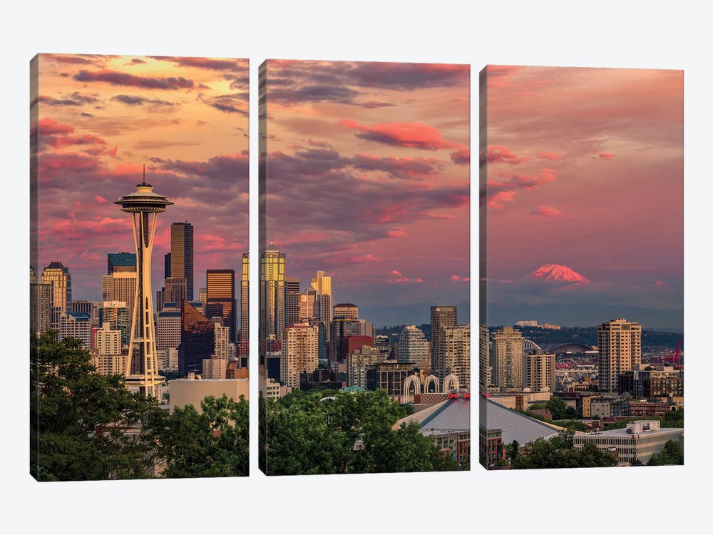 Seattle, Washington State Skyline And Distant Mt. Rainier. by Adam Jones 3-piece Art Print