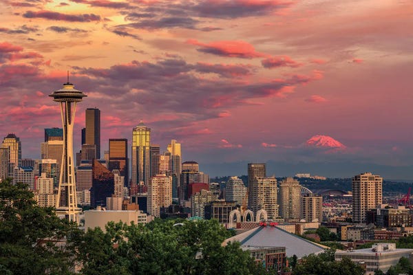 Seattle: Seattle, Washington State Skyline And Distant Mt. Rainier. by Adam Jones