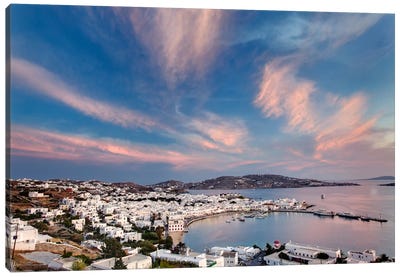 Village Harbor, Mykonos, Cyclades, Greece Canvas Art Print - Greece Art