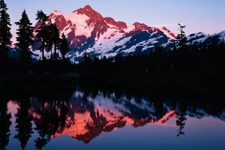 Mount Shuksan And its Reflection In Picture Lake At Dusk, North Cascades National Park, Washington, USA