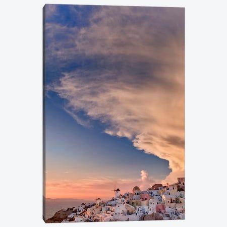 Cloudy Sunset, Oia, Santorini, Cyclades, Greece Canvas Print #AJO2} by Adam Jones Canvas Art Print