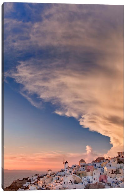 Cloudy Sunset, Oia, Santorini, Cyclades, Greece Canvas Art Print - Adam Jones