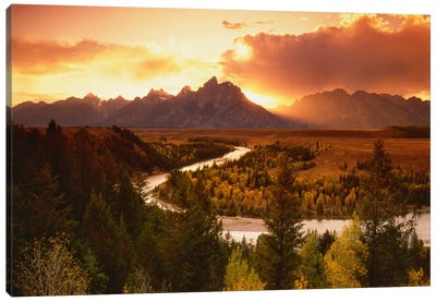 Sunset Over Teton Range With Snake River In The Foreground, Grand Teton National Park, Wyoming, USA Canvas Art Print - Pine Trees