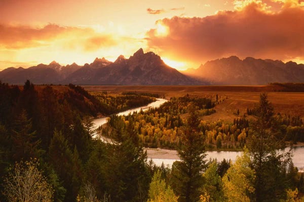 Mountain Sunrises & Sunsets: Sunset Over Teton Range With Snake River In The Foreground, Grand Teton National Park, Wyoming, USA by Adam Jones