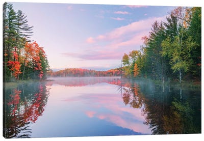 Autumn Colors And Mist On Council Lake At Sunrise, Hiawatha National Forest, Michigan Canvas Art Print - Adam Jones