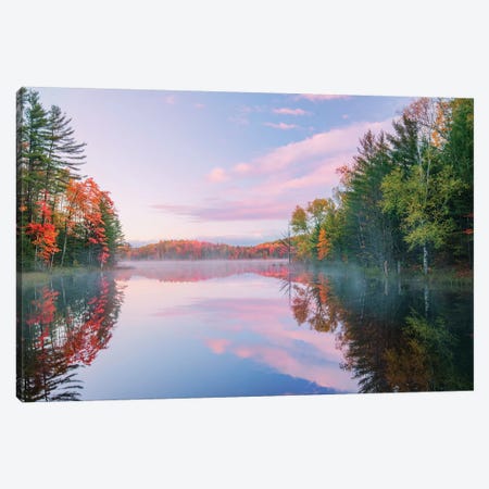 Autumn Colors And Mist On Council Lake At Sunrise, Hiawatha National Forest, Michigan Canvas Print #AJO39} by Adam Jones Canvas Print
