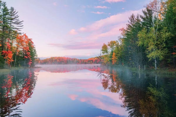 Michigan: Autumn Colors And Mist On Council Lake At Sunrise, Hiawatha National Forest, Michigan by Adam Jones