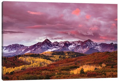Autumn, Aspen Trees And Sneffels Range At Sunset, Mount Sneffels Wilderness. Colorado Canvas Art Print - Mountains Scenic Photography