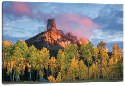 Chimney Rock at sunset, Cimarron range in autumn, San Juan Mountains, Colorado Canvas Art Print - Colorado Art