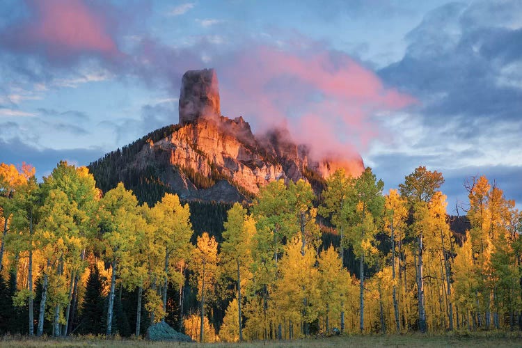 Chimney Rock at sunset, Cimarron range in autumn, San Juan Mountains, Colorado