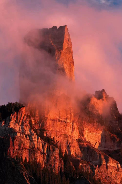 Chimney Rock at sunset, from Owl Creek Pass, Cimarron range, San Juan Mountains, Colorado