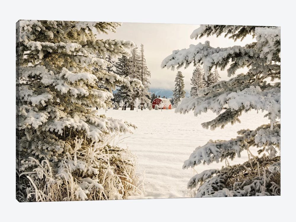 Classic red barn and snow scene, Kalispell, Montana by Adam Jones 1-piece Canvas Art Print