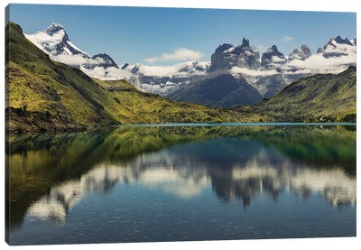 Cuernos del Paine reflecting on lake, Torres del Paine National Park, Chile, Patagonia Canvas Art Print - Snowy Mountain Art
