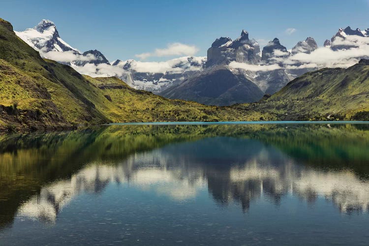 Cuernos del Paine reflecting on lake, Torres del Paine National Park, Chile, Patagonia