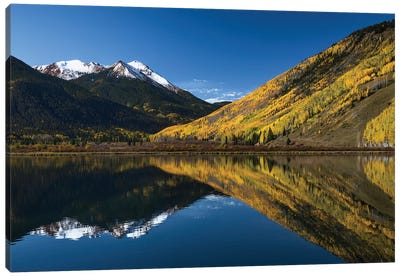 Red Mountain and autumn aspen trees reflected on Crystal Lake, Ouray, Colorado Canvas Art Print - Colorado Art