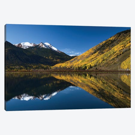 Red Mountain and autumn aspen trees reflected on Crystal Lake, Ouray, Colorado Canvas Print #AJO77} by Adam Jones Canvas Wall Art