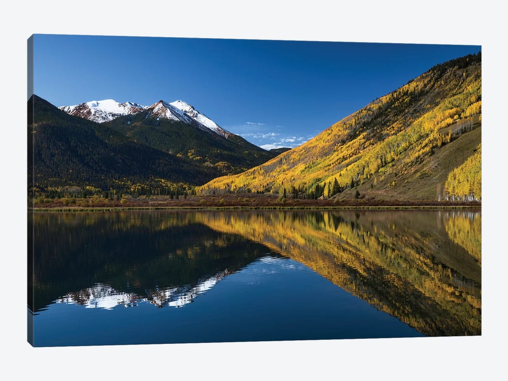 Red Mountain and autumn aspen trees reflected on Crystal Lake, Ouray, Colorado by Adam Jones 1-piece Canvas Print