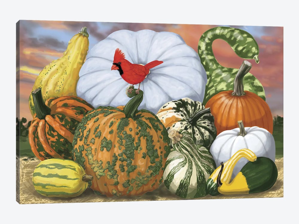 Pumpkins And The Cardinal by Ann Jasperson 1-piece Canvas Print