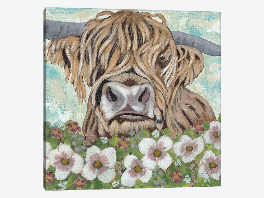 Floral Highland Cow by Ashley Justice 1-piece Canvas Art Print