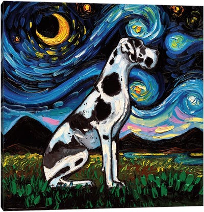 Harlequin Great Dane Night Canvas Art Print - Starry Night Collection