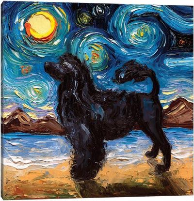 Portuguese Water Dog Night Canvas Art Print - Starry Night Collection