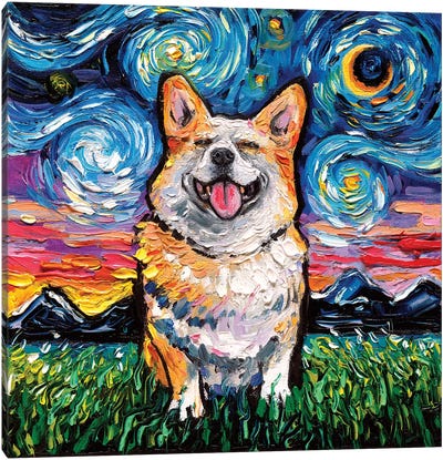 Smiling Corgi Night Canvas Art Print - Dog Art