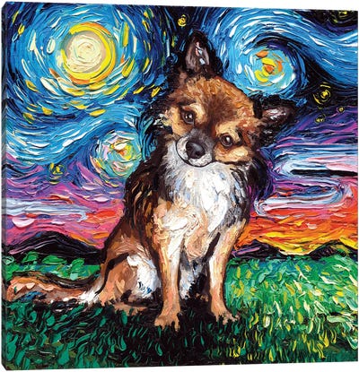 Long Haired Chihuahua Night Canvas Art Print - Starry Night Collection