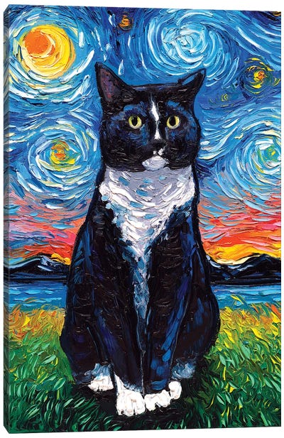 Tuxedo Cat Night Canvas Art Print - Best Selling Animal Art