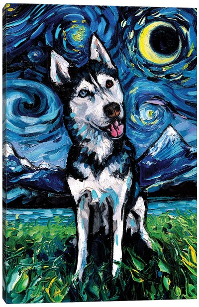 Happy Husky Night Canvas Art Print - Starry Night Collection