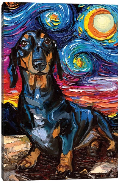 Black And Tan Dachshund Night II Canvas Art Print - Starry Night Collection