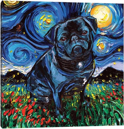 Black Pug Night Canvas Art Print - All Things Van Gogh