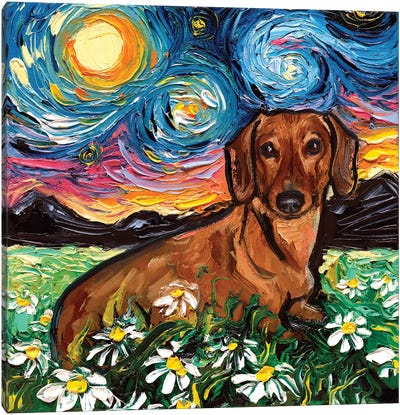 Daisy Dachshund Night Canvas Art Print - All Things Van Gogh