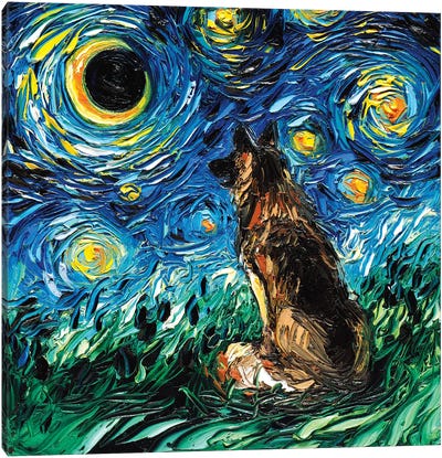 German Shepherd Night Canvas Art Print - Starry Night Collection