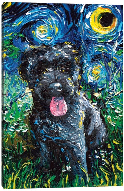 Black Goldendoodle Night Canvas Art Print - Starry Night Collection