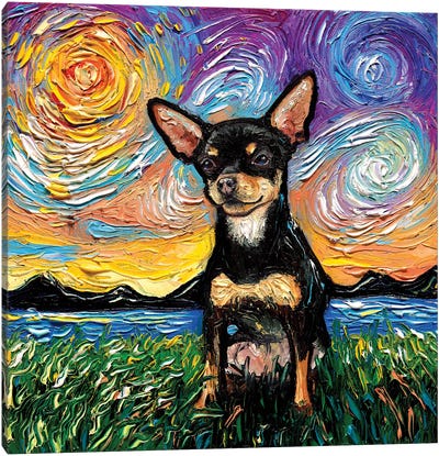 Short Hair Black And Tan Chihuahua Night Canvas Art Print - Dog Art