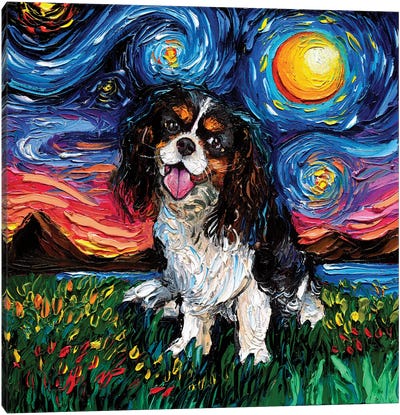 Tri Color Cavalier King Charles Spaniel Night Canvas Art Print - Dog Art