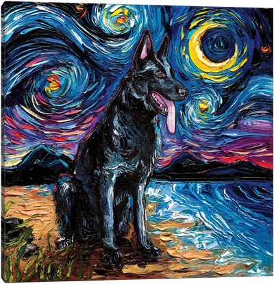 Black German Shepherd Night Canvas Art Print - All Things Van Gogh