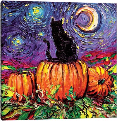 Starry Hallow's Eve Canvas Art Print - Black Cat Art