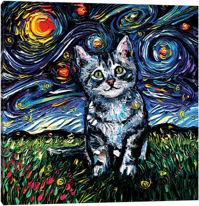 Gray Tabby Kitten Night Canvas Art Print - Kitten Art