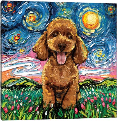 Apricot Poodle Night Canvas Art Print - Dog Art